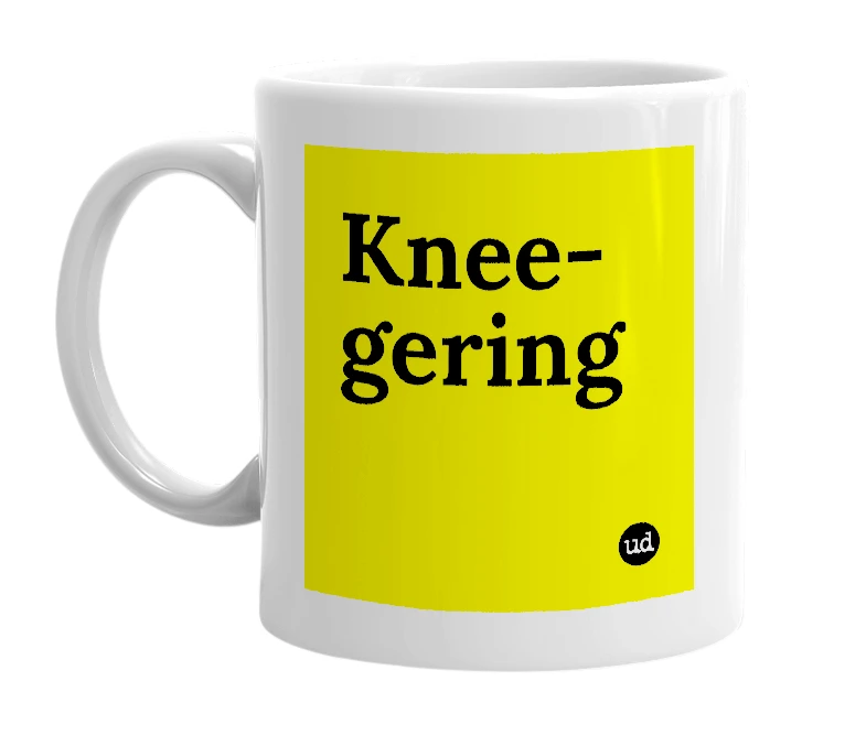 White mug with 'Knee-gering' in bold black letters