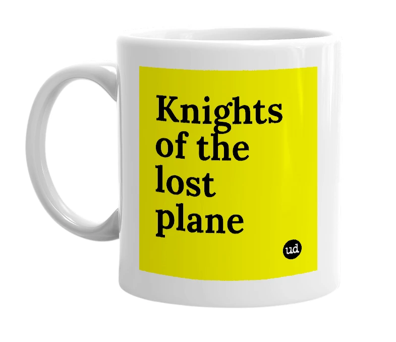 White mug with 'Knights of the lost plane' in bold black letters