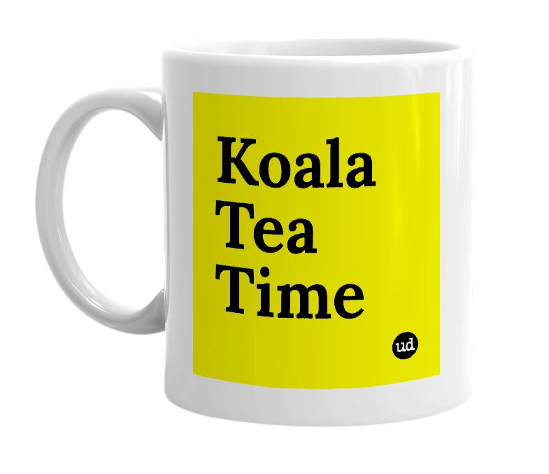 White mug with 'Koala Tea Time' in bold black letters