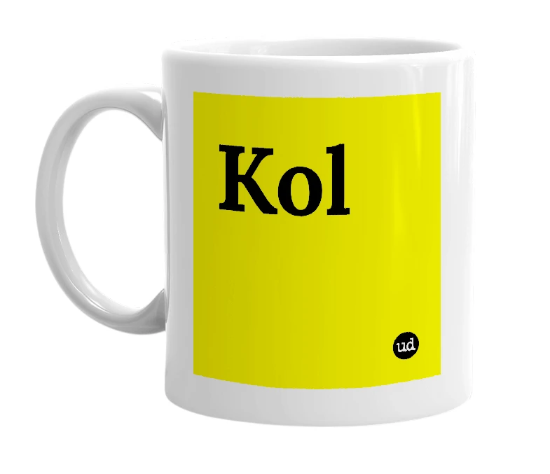 White mug with 'Kol' in bold black letters