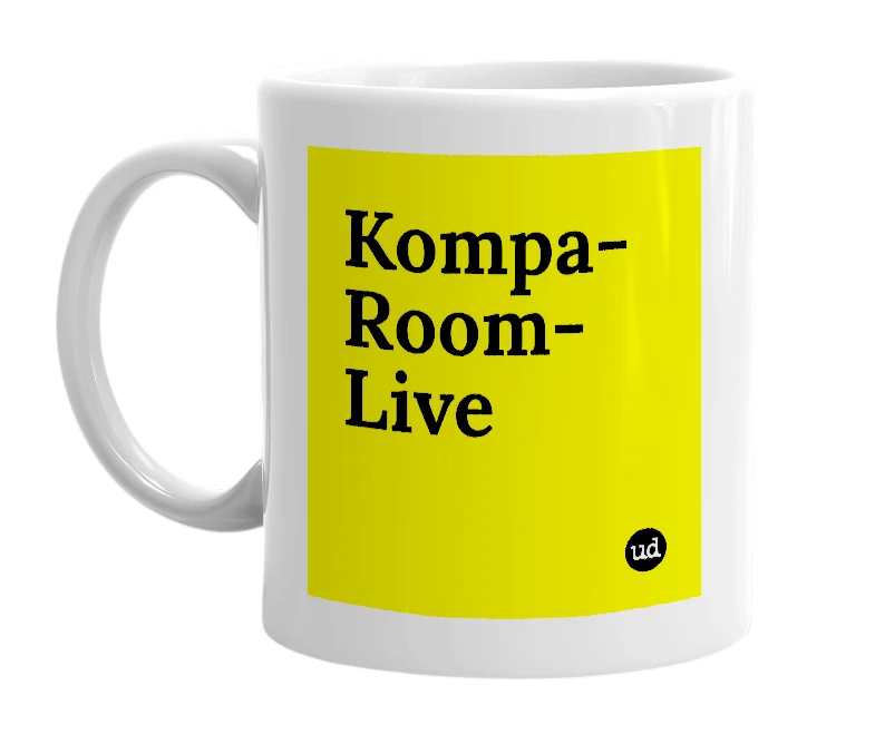 White mug with 'Kompa-Room-Live' in bold black letters