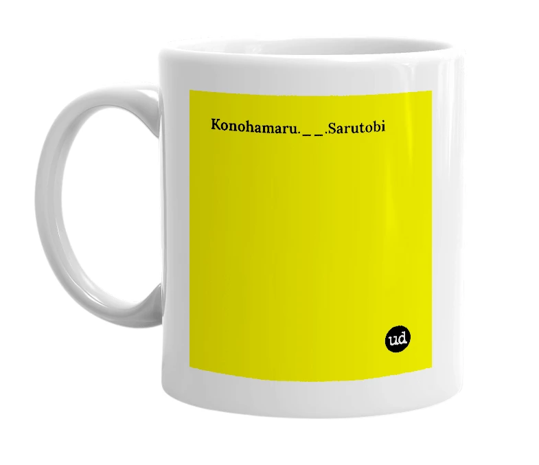 White mug with 'Konohamaru.__.Sarutobi' in bold black letters