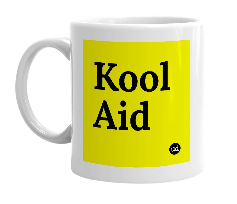 White mug with 'Kool Aid' in bold black letters