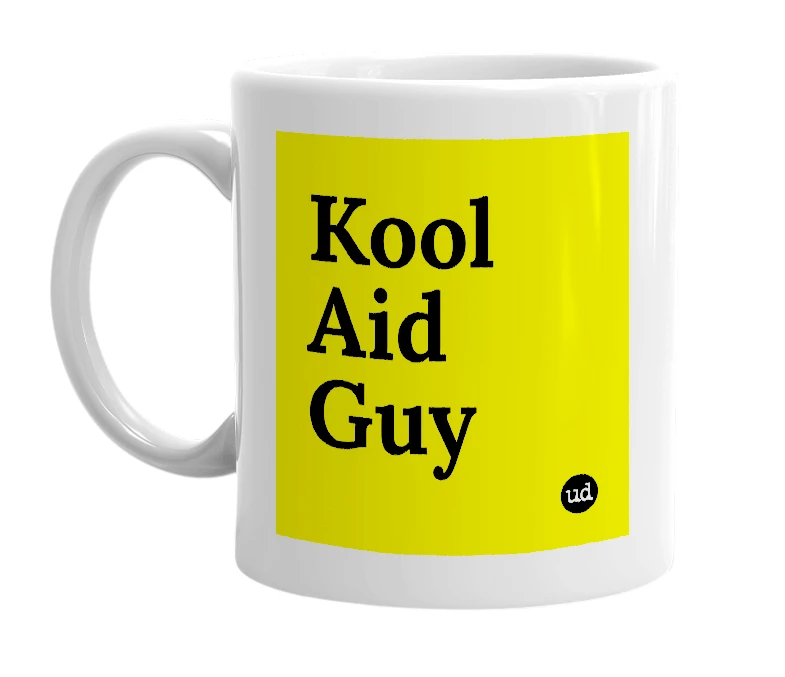 White mug with 'Kool Aid Guy' in bold black letters