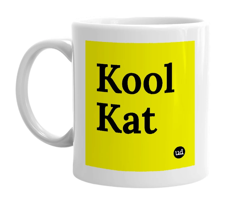 White mug with 'Kool Kat' in bold black letters