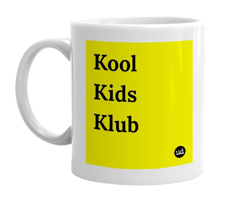 White mug with 'Kool Kids Klub' in bold black letters