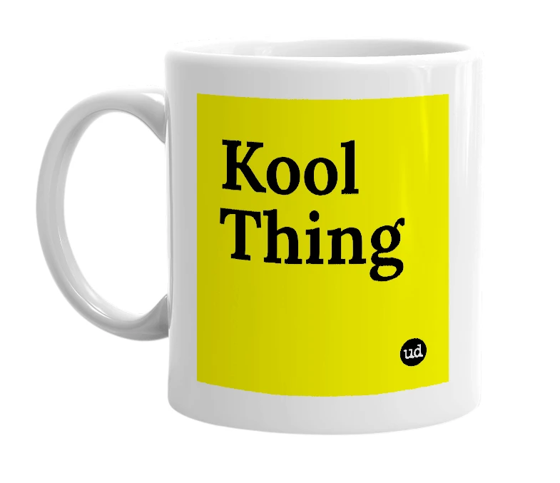 White mug with 'Kool Thing' in bold black letters