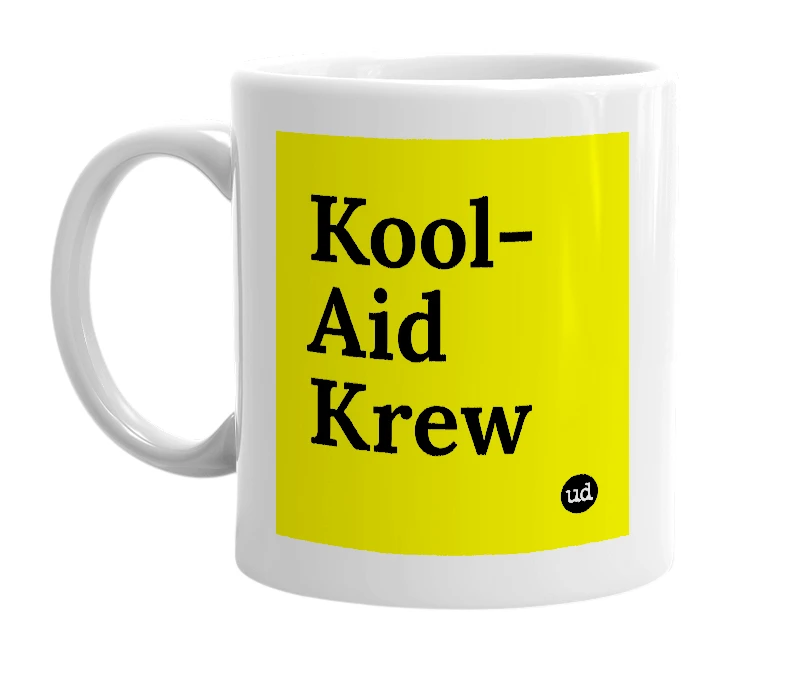 White mug with 'Kool-Aid Krew' in bold black letters
