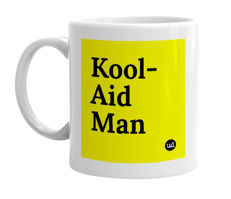 White mug with 'Kool-Aid Man' in bold black letters