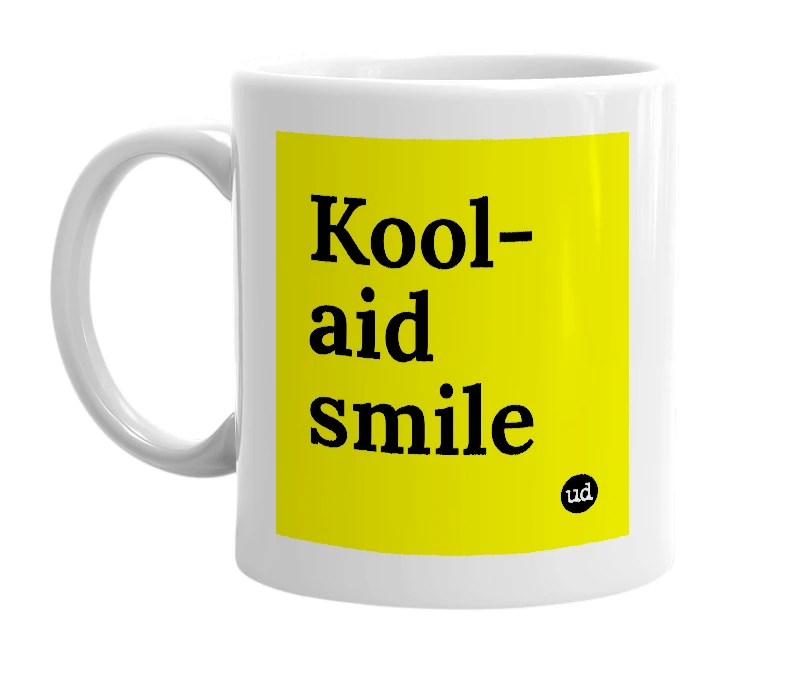 White mug with 'Kool-aid smile' in bold black letters