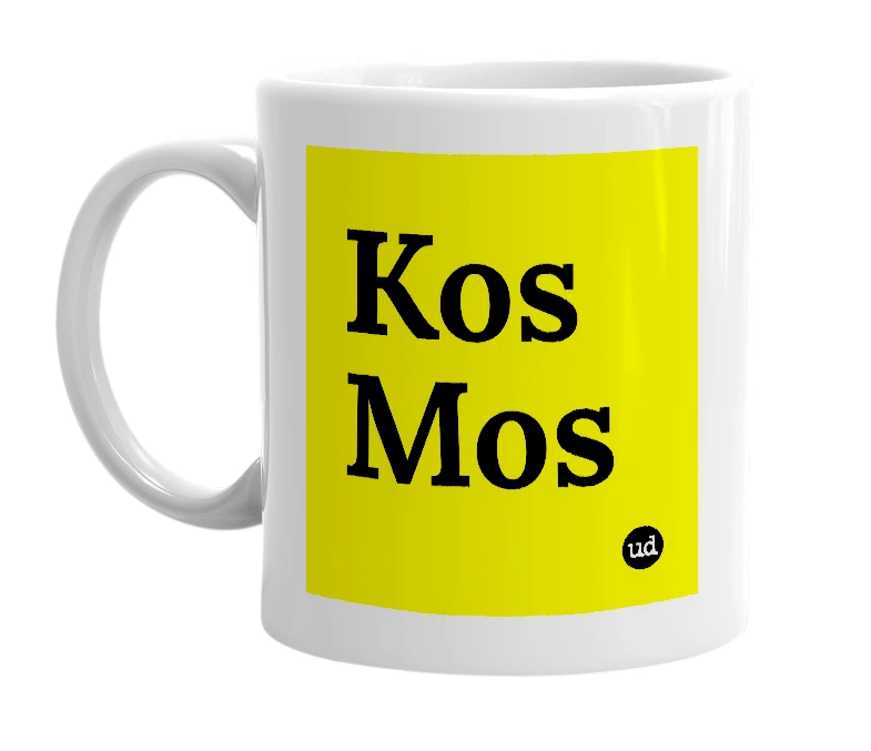 White mug with 'Kos Mos' in bold black letters