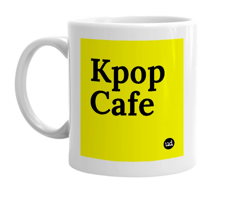 White mug with 'Kpop Cafe' in bold black letters