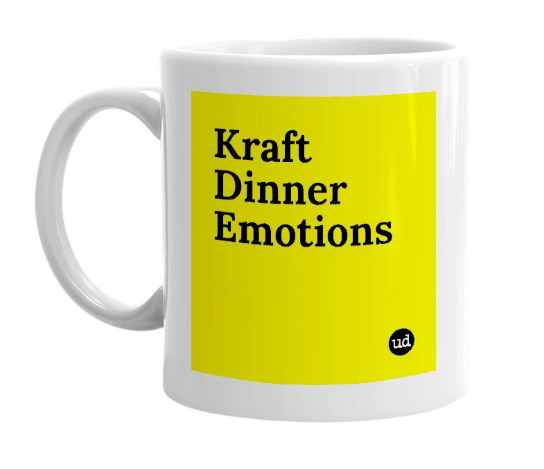 White mug with 'Kraft Dinner Emotions' in bold black letters