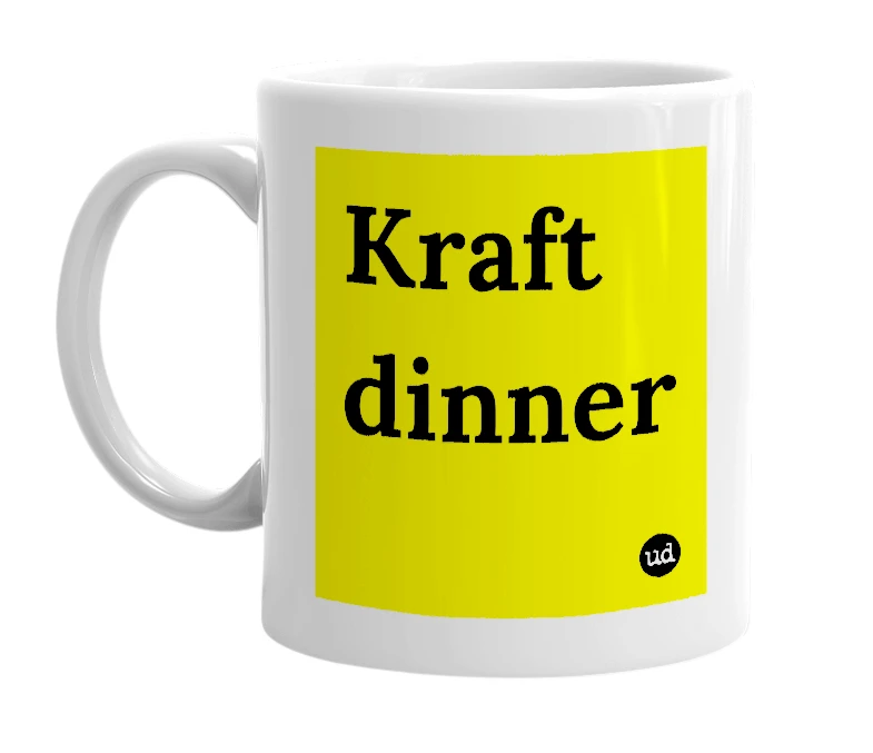 White mug with 'Kraft dinner' in bold black letters