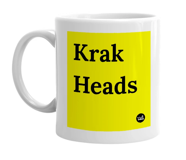 White mug with 'Krak Heads' in bold black letters