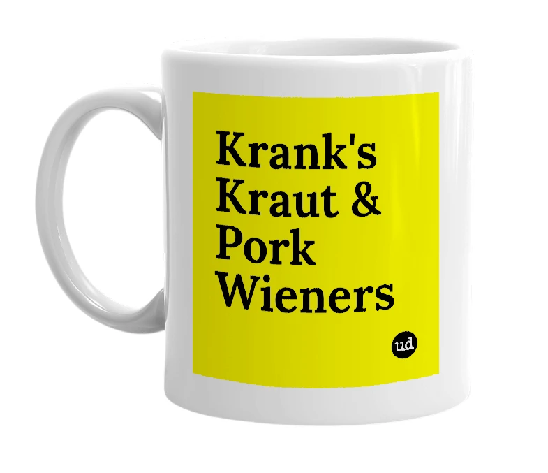 White mug with 'Krank's Kraut & Pork Wieners' in bold black letters
