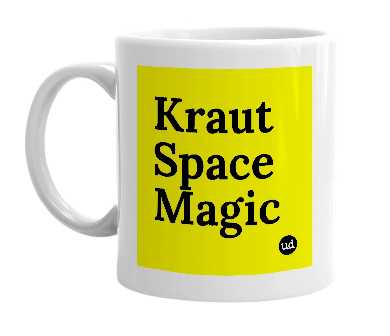 White mug with 'Kraut Space Magic' in bold black letters