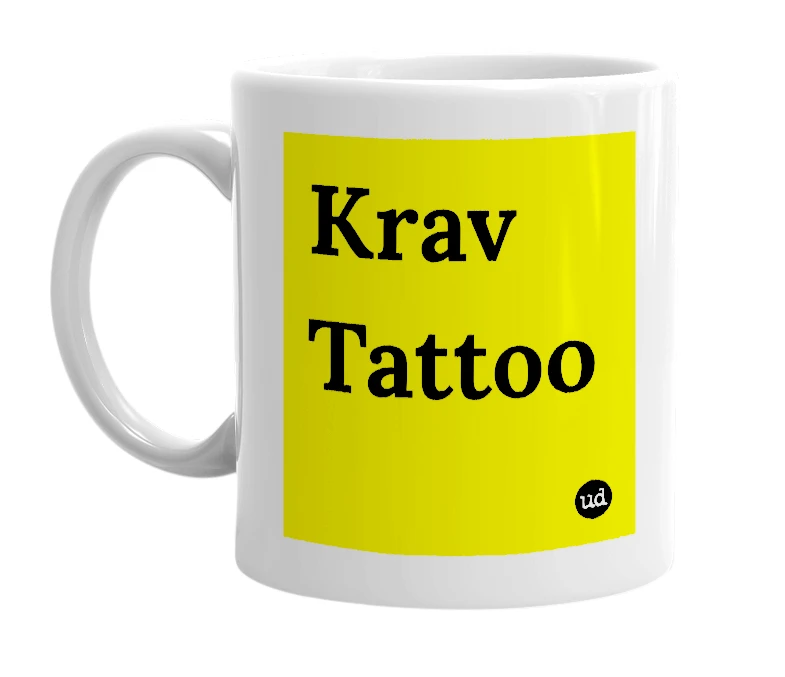 White mug with 'Krav Tattoo' in bold black letters