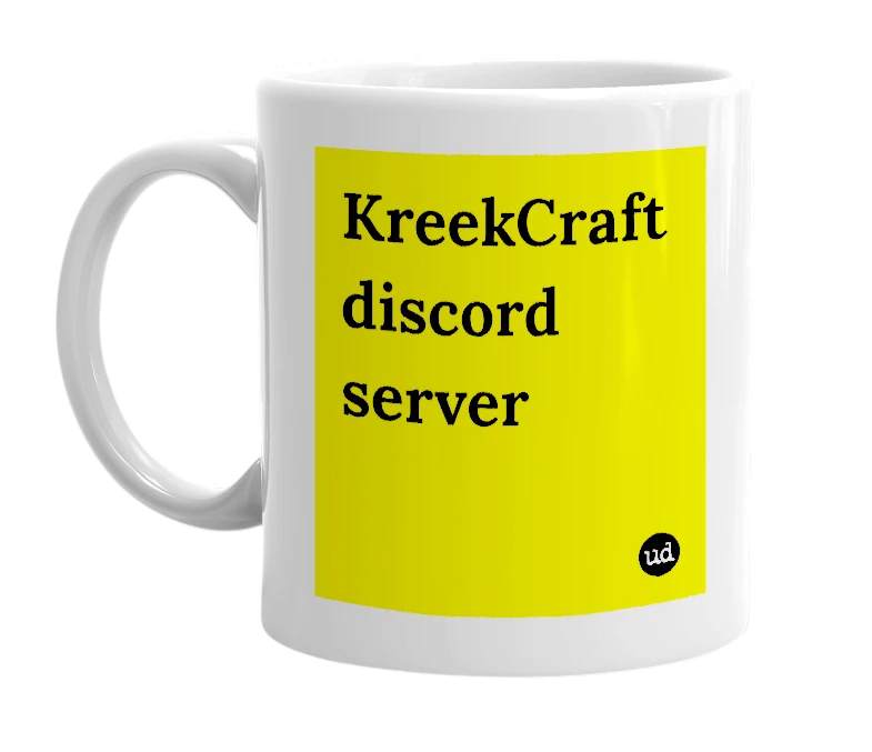 White mug with 'KreekCraft discord server' in bold black letters