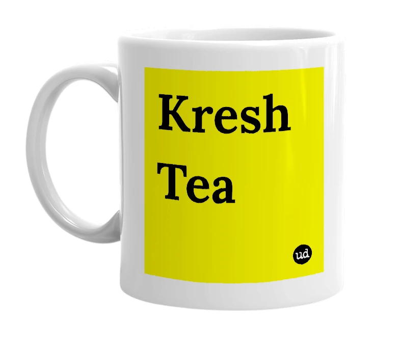 White mug with 'Kresh Tea' in bold black letters