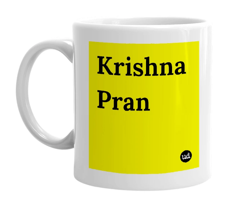White mug with 'Krishna Pran' in bold black letters