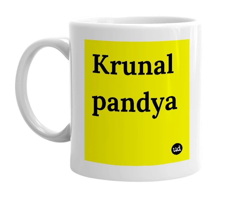 White mug with 'Krunal pandya' in bold black letters