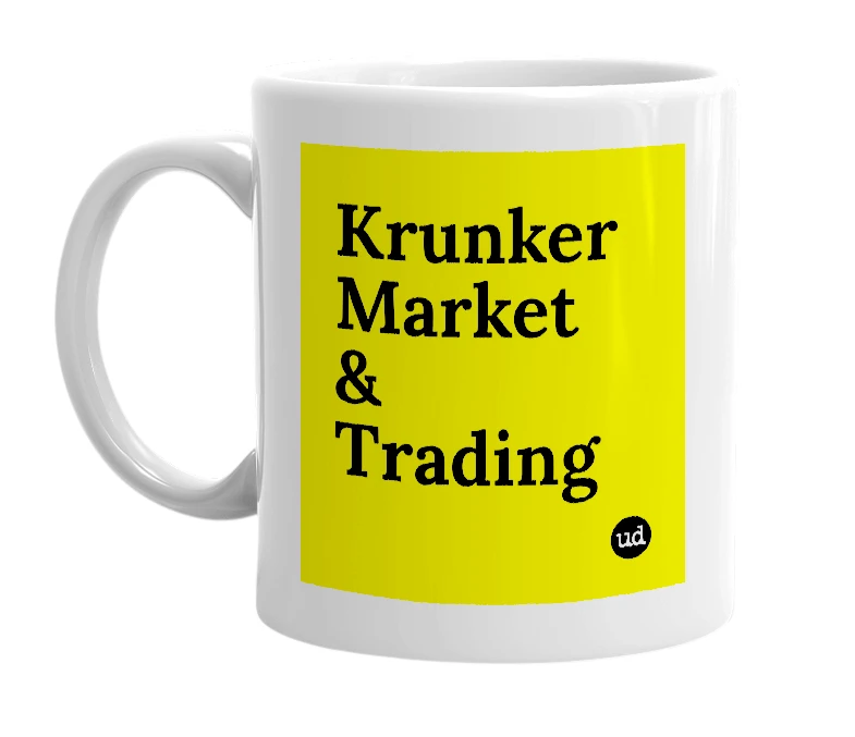 White mug with 'Krunker Market & Trading' in bold black letters