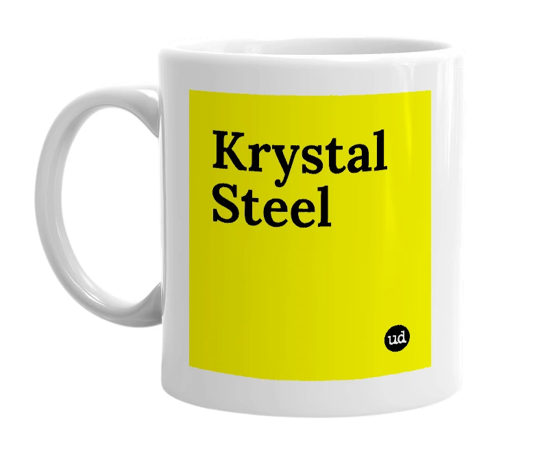 White mug with 'Krystal Steel' in bold black letters
