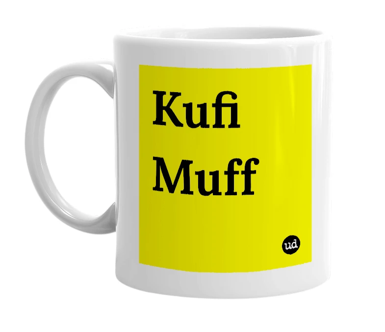 White mug with 'Kufi Muff' in bold black letters