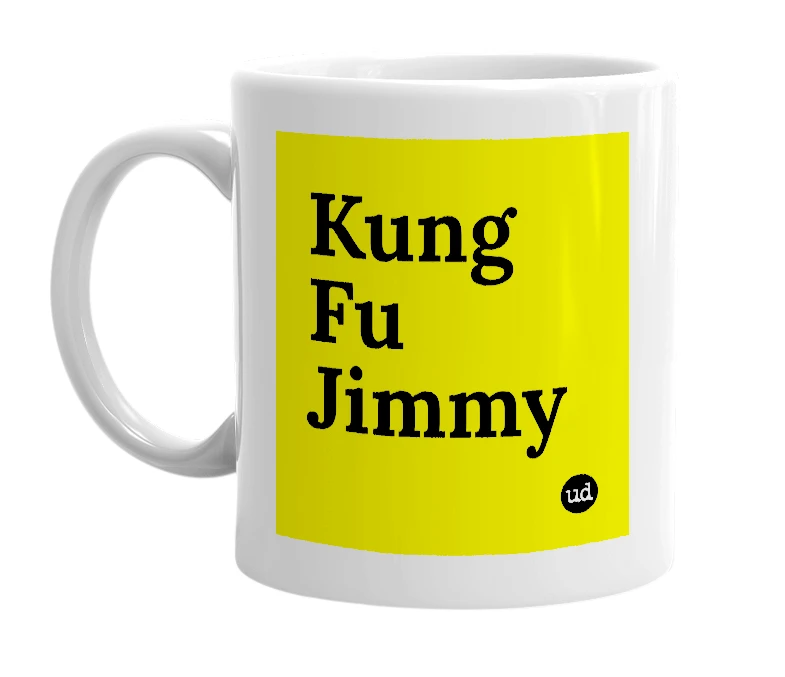 White mug with 'Kung Fu Jimmy' in bold black letters