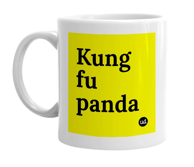 White mug with 'Kung fu panda' in bold black letters