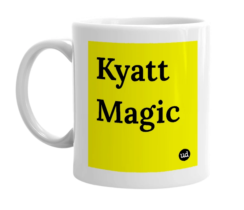 White mug with 'Kyatt Magic' in bold black letters