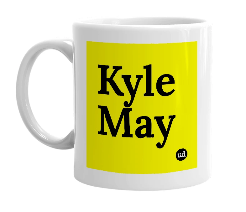 White mug with 'Kyle May' in bold black letters