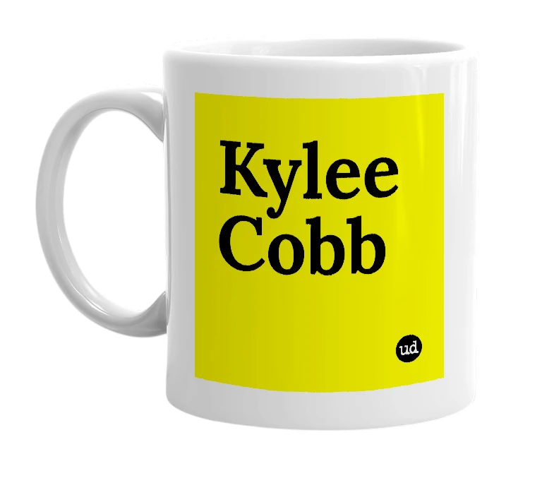 White mug with 'Kylee Cobb' in bold black letters