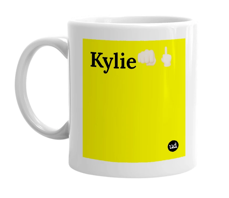 White mug with 'Kylie👊🏼🖕🏼' in bold black letters