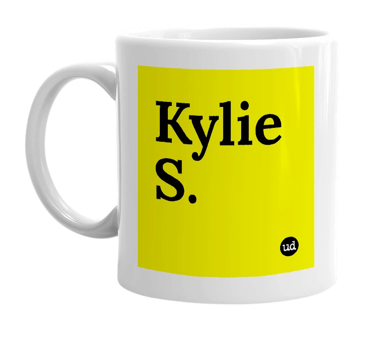 White mug with 'Kylie S.' in bold black letters
