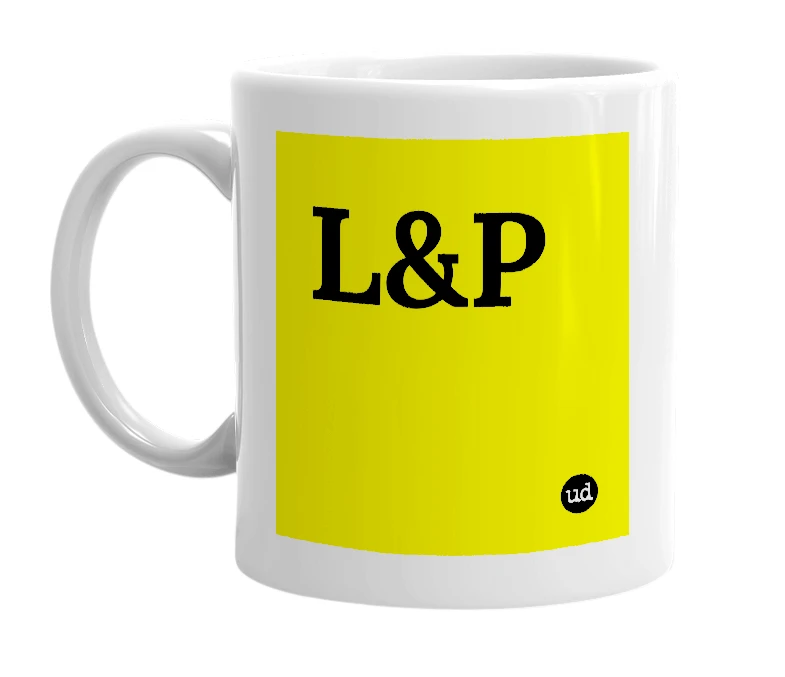 White mug with 'L&P' in bold black letters