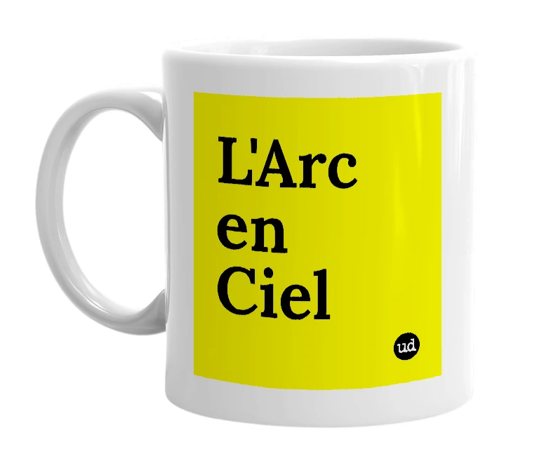 White mug with 'L'Arc en Ciel' in bold black letters