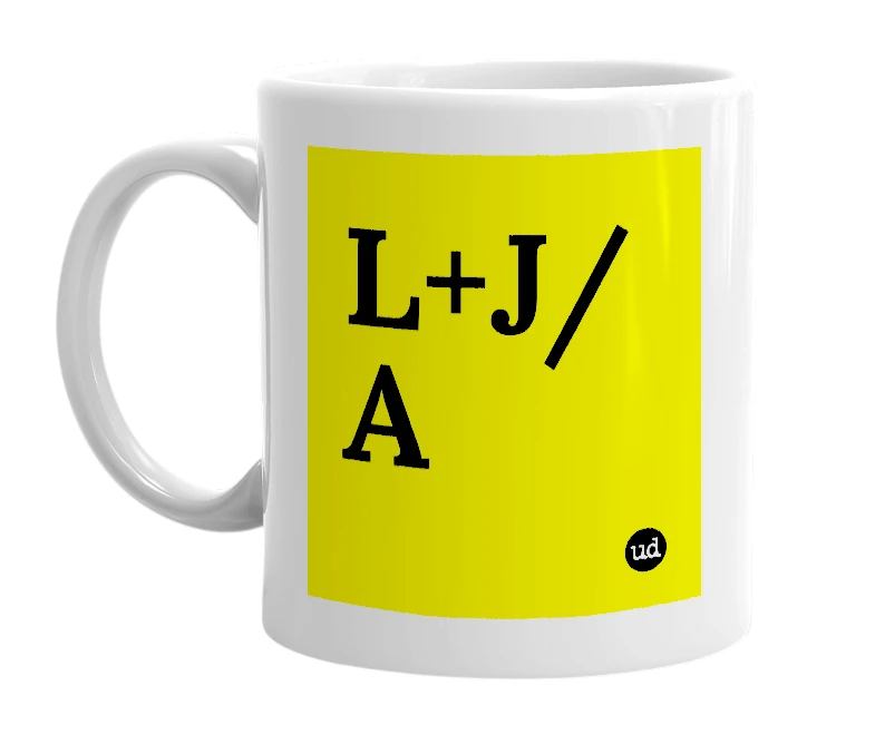 White mug with 'L+J/A' in bold black letters