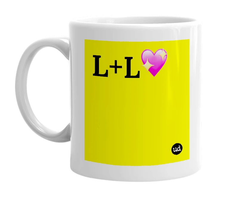 White mug with 'L+L💖' in bold black letters