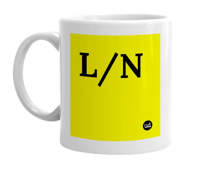 White mug with 'L/N' in bold black letters