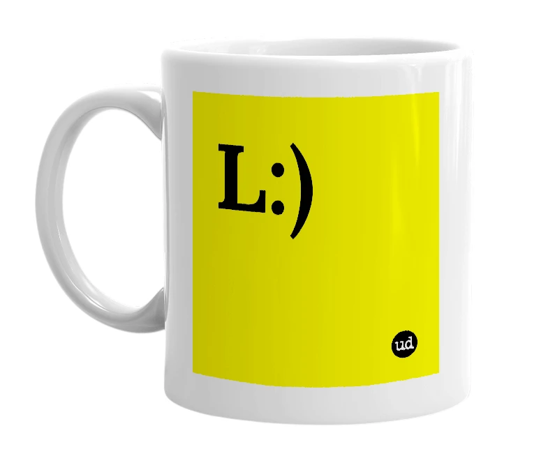 White mug with 'L:)' in bold black letters