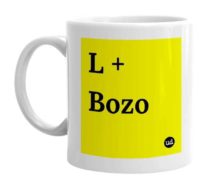 White mug with 'L + Bozo' in bold black letters