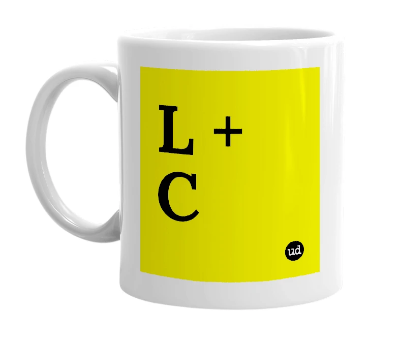 White mug with 'L + C' in bold black letters
