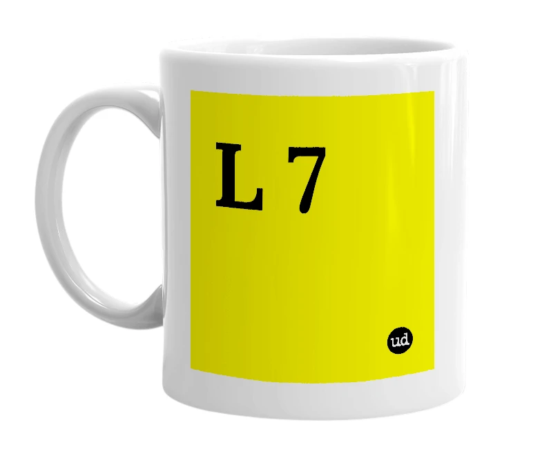 White mug with 'L 7' in bold black letters
