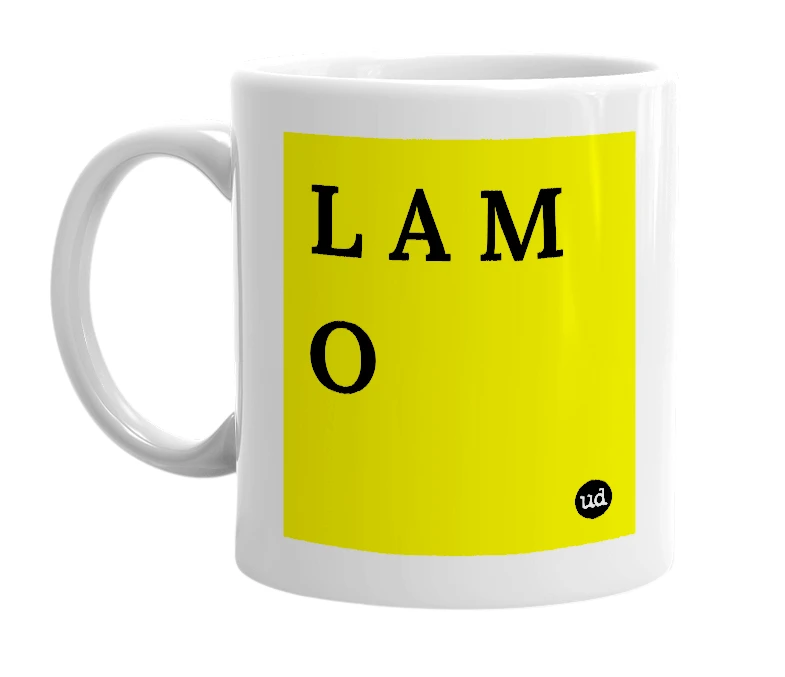 White mug with 'L A M O' in bold black letters