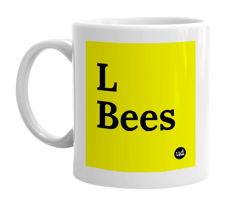 White mug with 'L Bees' in bold black letters