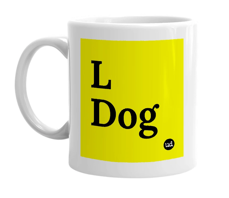 White mug with 'L Dog' in bold black letters