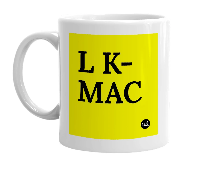 White mug with 'L K-MAC' in bold black letters