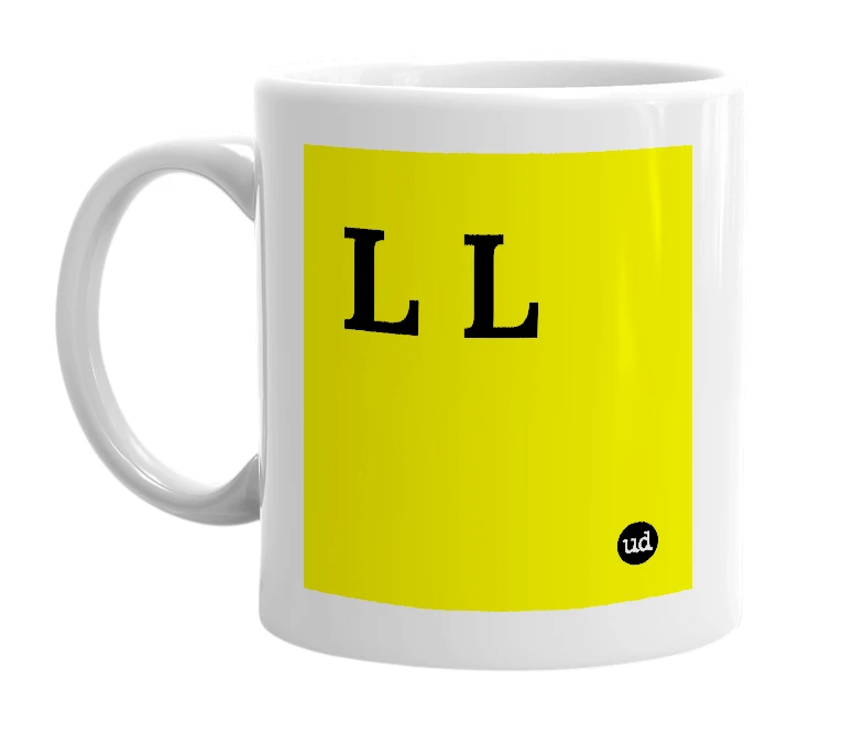 White mug with 'L L' in bold black letters